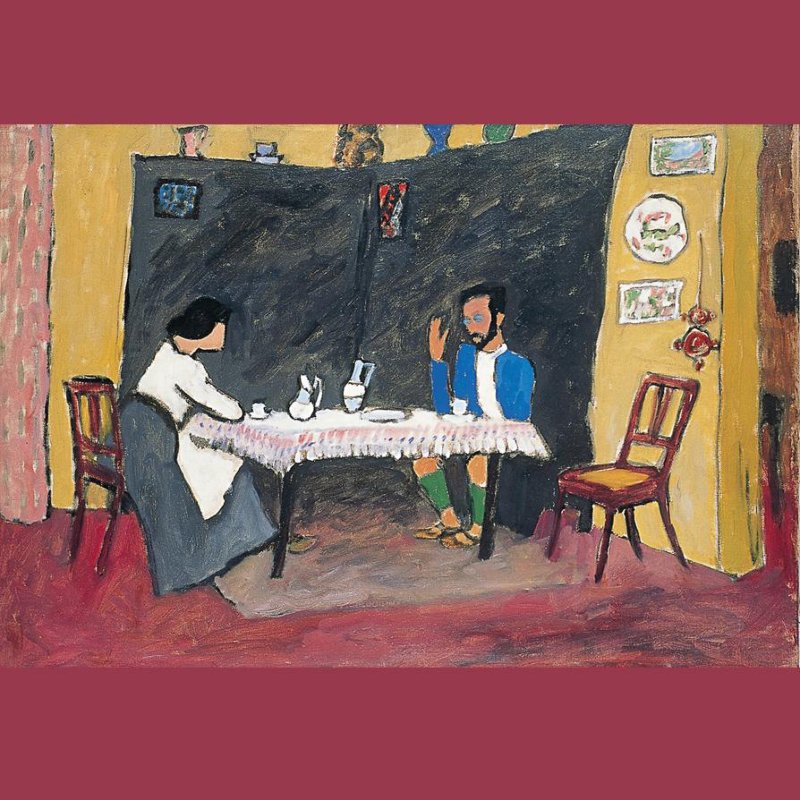 Gabriele Münter, Kandinsky und Erma Bossi am Tisch, 1909/10