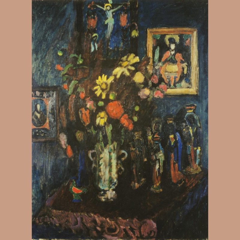 Gabriele Münter, Dunkles Stillleben mit Figürchen, 1910